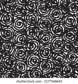 Abstract seamless pattern with tangled spiral black doodles. Repeating vector background. Graphic print for wallpaper, wrapping paper, fabric, clothes. Squiggle freehand texture in grunge style