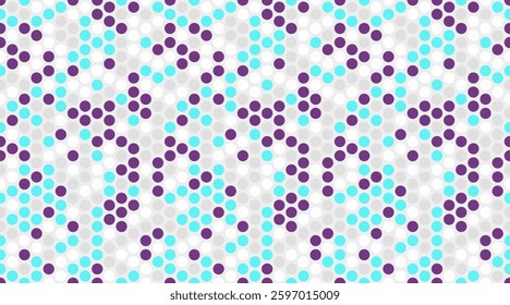 Abstract seamless pattern with teal, purple, and grey circles on white background.  Modern geometric design perfect for textiles, website backgrounds, or vibrant branding.