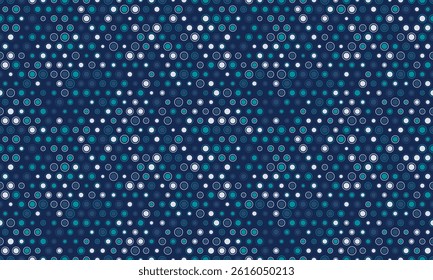 Abstract seamless pattern of teal, white, and dark blue circles on a navy background.  Perfect for website backgrounds, textile design, or creating a modern, vibrant aesthetic.