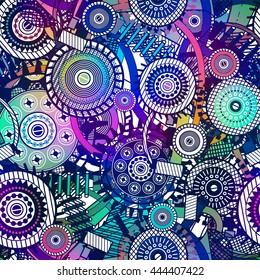 Abstract seamless pattern with technical elements. Geometric  wallpaper background. Vector colorful illustration.