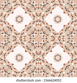 Abstract seamless pattern with terrazzo mosaic on beige background. Mediterranean antique background in flat style for Wallpaper, tile design, fabric, textile. Vector stock illustration
