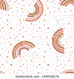 Abstract seamless pattern with terrazzo and simple geometric rainbows. Simple stripy arc bows on terracotta mozaic texture. Childish vector background in Scandinavian style in earth colours palette.