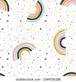 Abstract seamless pattern with terrazzo and simple geometric rainbows. Simple stripy arc bows on colorful mozaic texture. Childish vector background in Scandinavian style in bright multicolour palette
