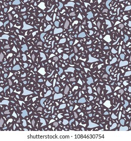 Abstract seamless pattern in terrazzo style. Blue color shapes. Vector background. Print for wallpaper, backdrop, fabric, etc.