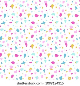 Abstract seamless pattern in terrazzo style. Bright summer color. Vector background. Print for wallpaper, backdrop, fabric, etc.