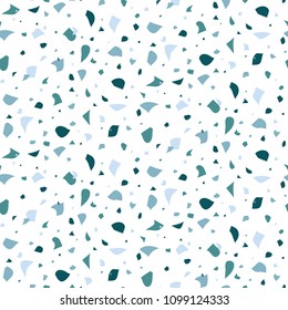 Abstract seamless pattern in terrazzo style. Blue, marine  color. Vector background. Print for wallpaper, backdrop, fabric, etc.