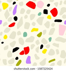 Abstract seamless pattern in terrazzo style. Vector background. Colorful print for wallpaper, backdrop, fabric, etc. Gray yellow, black and red colors