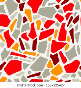 Abstract seamless pattern in terrazzo style. Vector background. Colorful print for wallpaper, backdrop, fabric, etc. Gray orange and red colors