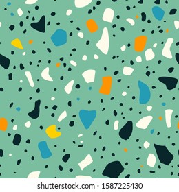 Abstract seamless pattern in terrazzo style. Vector background. Colorful print for wallpaper, backdrop, fabric, etc. Gray, blue and yellow and orange colors on teal background