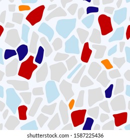 Abstract seamless pattern in terrazzo style. Vector background. Colorful print for wallpaper, backdrop, fabric, etc. Gray, blue and red colors