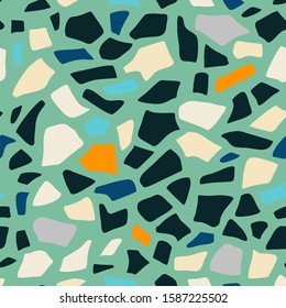 Abstract seamless pattern in terrazzo style. Vector background. Colorful print for wallpaper, backdrop, fabric, etc. Gray, blue, orange and dark teal colors on teal background