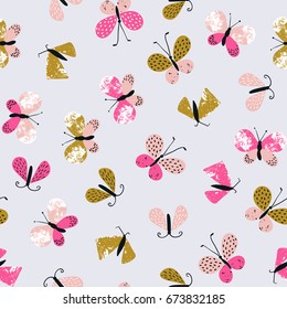 Abstract seamless pattern for textile with butterflies. Cute repeated stylish summer background.