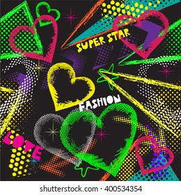 Abstract seamless pattern for textile. Fashion style. Wallpaper with neon lightning, star, arrow, hearts, and geometric elements. Modern grunge background for girl.