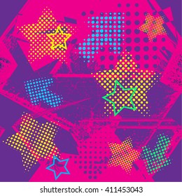Abstract seamless pattern for textile. Fashion style. Wallpaper with neon lightning, star, arrow, hearts, and geometric elements. Modern grunge background for girl.