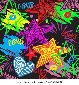 Abstract seamless pattern for textile. Fashion style.  Wallpaper with neon lightning, star,  hearts, and geometric elements. Modern grunge background for girl.