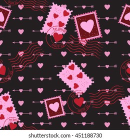 Abstract seamless pattern for textile. Fashion style.  Wallpaper with arrow, hearts, and stamp,. lovely valentine  background for girl.