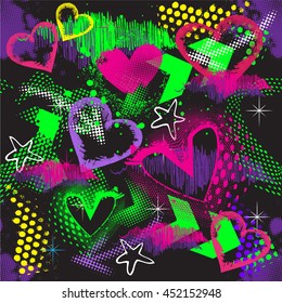 Abstraktes nahtloses Muster für Textilien. Mode. Tapete mit Neonblitz, Stern, Pfeil, Herzen und geometrischen Elementen. Moderner grauer Hintergrund für Mädchen.