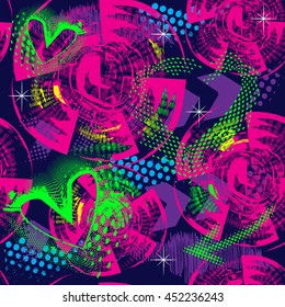 Abstract seamless pattern for textile. Fashion style.  Wallpaper with neon lightning, star, arrow, hearts, and geometric elements. Modern grunge background for girl.