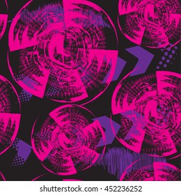 Abstract seamless pattern for textile. Fashion style.  Wallpaper with neon lightning, star, arrow, hearts, and geometric elements. Modern grunge background for girl.