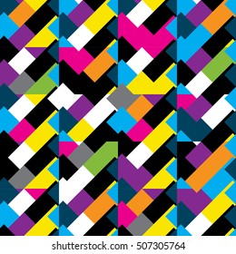 Abstract seamless pattern for textile, girls, fashion, sport clothes. Repeated geometric backdrop. Childish funny wallpaper in bright pink, blue, yellow, green colors. Creative girlish background