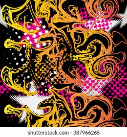 Abstract seamless pattern for textile. Wallpaper with neon lightning, star, heart, and geometric elements. Modern grunge background