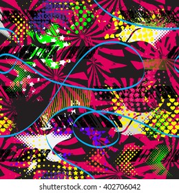 Abstract seamless pattern for textile. Wallpaper with neon lightning geometric elements for guys. Modern grunge background. pattern for girls.