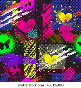 Abstract seamless pattern for textile. Wallpaper with bright geometric elements, hearts and butterfly for textile. Modern grunge background. pattern for boys and girls.