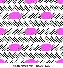 Abstract Seamless Pattern Texture with Hand Drawn Brush Strokes ,Hot Pink and Black Colors on White Background 