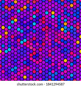 Abstract seamless pattern with texture of hexagons. Bright and juicy shades of color. A fun and festive pattern for your fabric and packaging design. Stock vector illustration.