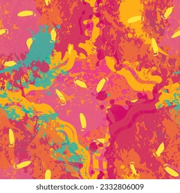 abstract seamless pattern texture on the theme of pizzeria. Creative illustration with abstract image of pizza in the form of colorful stains and splashes on the yellow background