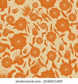 Abstract seamless pattern.  The texture is richly decorated with orange floral ornaments on a yellow background.  Decorative elements for textiles, book covers, print.
