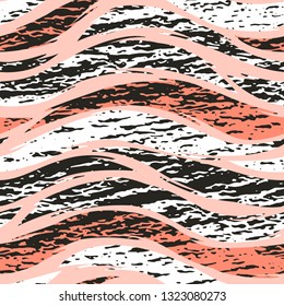 Abstract seamless pattern texture. Vector grunge horizontal striped background. Surface design with coral and gray colors.