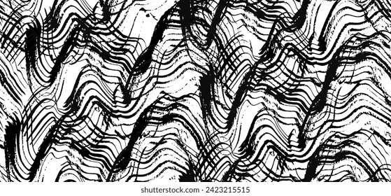 Abstract seamless pattern with textured black brush stroke waves. Expressive artistic curve paintbrush marine texture for water textile, nature surface design