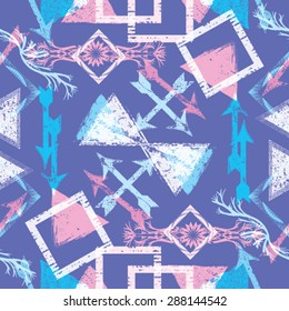 Abstract Seamless Pattern with Textured Geometric Elements. Vector Background. Hipster 