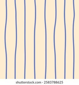 Abstract seamless pattern of thin blue wavy curved vertical stripes on light background, simple cute hand drawn illustration, flat style