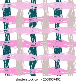 Abstract seamless pattern with thin colorful transparent intersecting lines. Textile design in a cage. geometric sailor paint stripes. blue ink brush strokes.