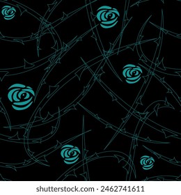 abstract seamless pattern with thorns and roses in blue-green colors on a black background, for prints on fabrics for clothing and linen and for interior design, packaging and covers