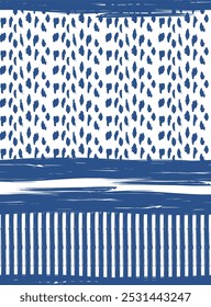 abstract seamless pattern with three distinct sections: the top one with blue ovals on a white background, the central one with blue and white horizontal lines