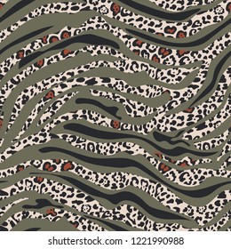 Abstract seamless pattern with tiger stripes and leopard spots.