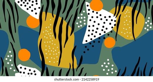 Abstract seamless pattern, tiger stripes and colored bright spots with dots, modern vector illustration for textile, fabric, wallpaper, surface design.