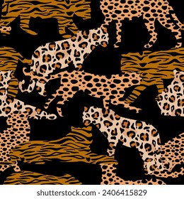 Abstract seamless pattern with tigers, leopards, and cheetahs. Vector background for textile, wallpaper, paper.