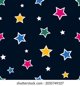 Abstract seamless pattern tile with bright colorful stars on dark blue background vector. Geometric shapes ornament. Repeating texture. Backdrop. Wallpaper. Gift wrapping paper. Fashion fabric print.