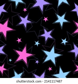 Abstract seamless pattern tile with bright colorful stars on dark blue background vector. Modern paint pattern for birthday card, party invitation, wallpaper sale, holiday wrapping paper.