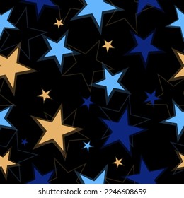 Abstract seamless pattern tile with bright colorful stars on dark blue background vector. bright starts, seamless vector background.