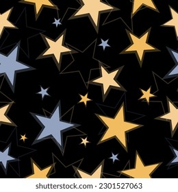 Abstract seamless pattern tile with bright colorful stars on dark blue background vector. Geometric shapes ornament. Repeating texture. Backdrop. Wallpaper.