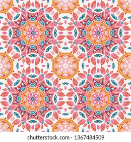Abstract seamless pattern tile with mandalas. Colorful ethnic hand drawn vector background,for printing on fabric or paper.