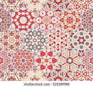 Abstract seamless pattern tiles. Colorful vector set of hexagonal elements for design of wallpaper, fabric or wrapping paper.