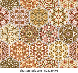 Abstract seamless pattern tiles. Colorful vector set of hexagonal elements for design of wallpaper, fabric or wrapping paper.