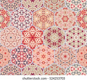 Abstract seamless pattern tiles. Colorful vector set of hexagonal elements for design of wallpaper, fabric or wrapping paper.