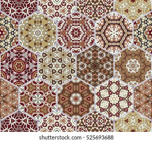 Abstract seamless pattern tiles. Colorful vector set of hexagonal elements for design of wallpaper, fabric or wrapping paper.